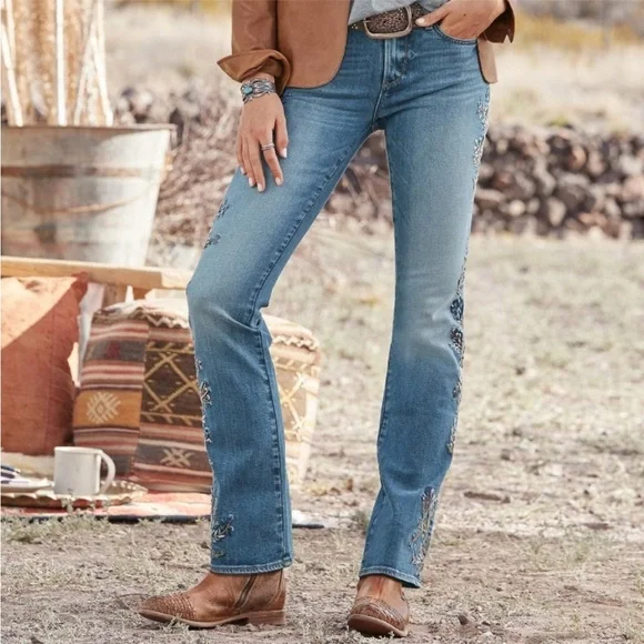 DRIFTWOOD Blue Embroidered Bootcut Jeans with Floral Accent - Picture 2 of 16